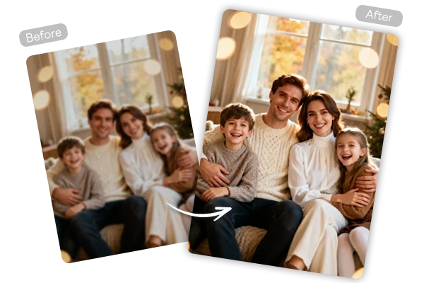 Restoring old family photo from faded to vibrant using AI image enhancer