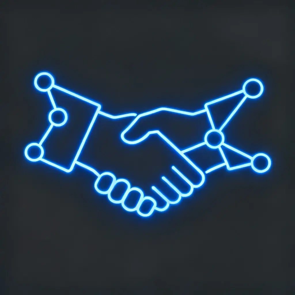 blue glowing handshake with connection nodes icon
