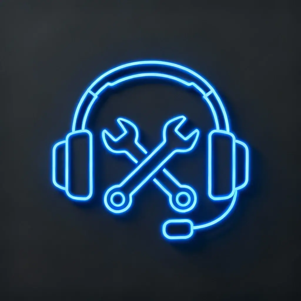 blue glowing headset with tools icon