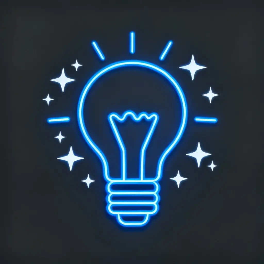 blue glowing light bulb with sparkles icon